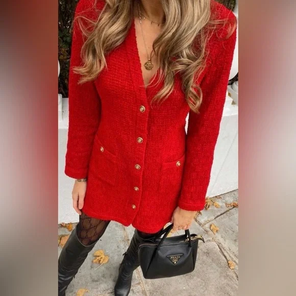 ZARA Textured Weave Blazer Dress Burgundy Red Gold Size S - Picture 5 of 16